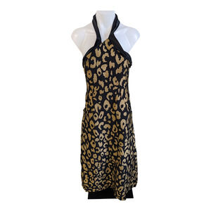 Temperley Size 4 Josie Leopard Shift Halter Midi Dress Black Gold Sleeveless